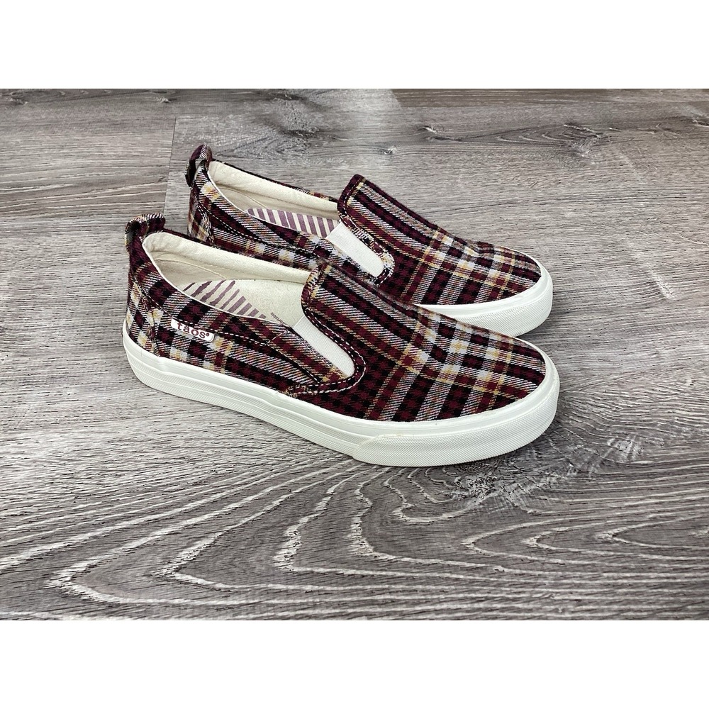 Taos Rubber Soul Burgundy Plaid Slip On Sneakers Women's 6 Canvas Shoes